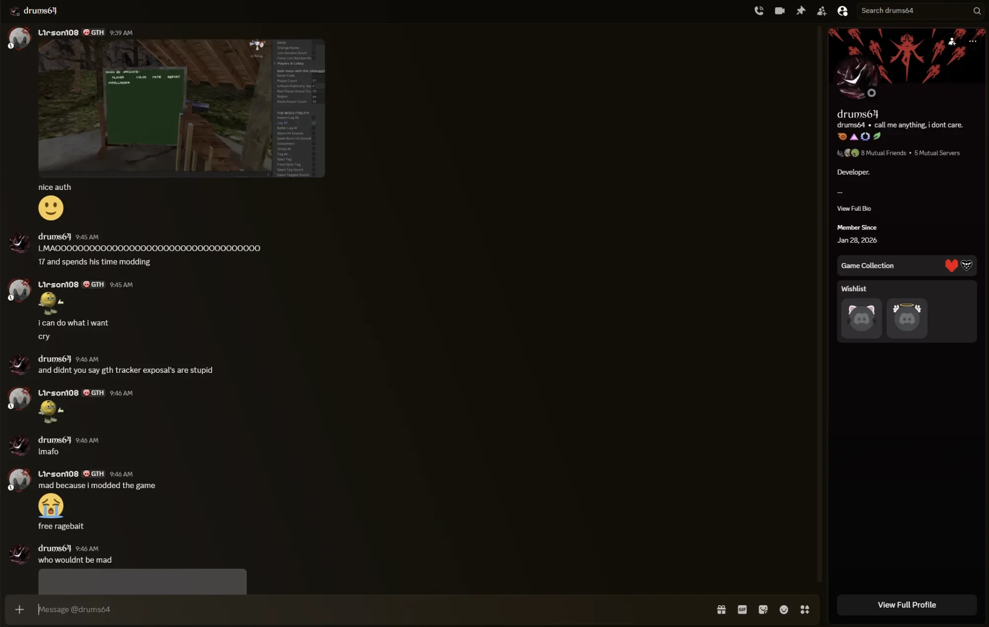 Drum64 crying because L1rson108 modded his skidded slop game. Just get better auth LMAO
