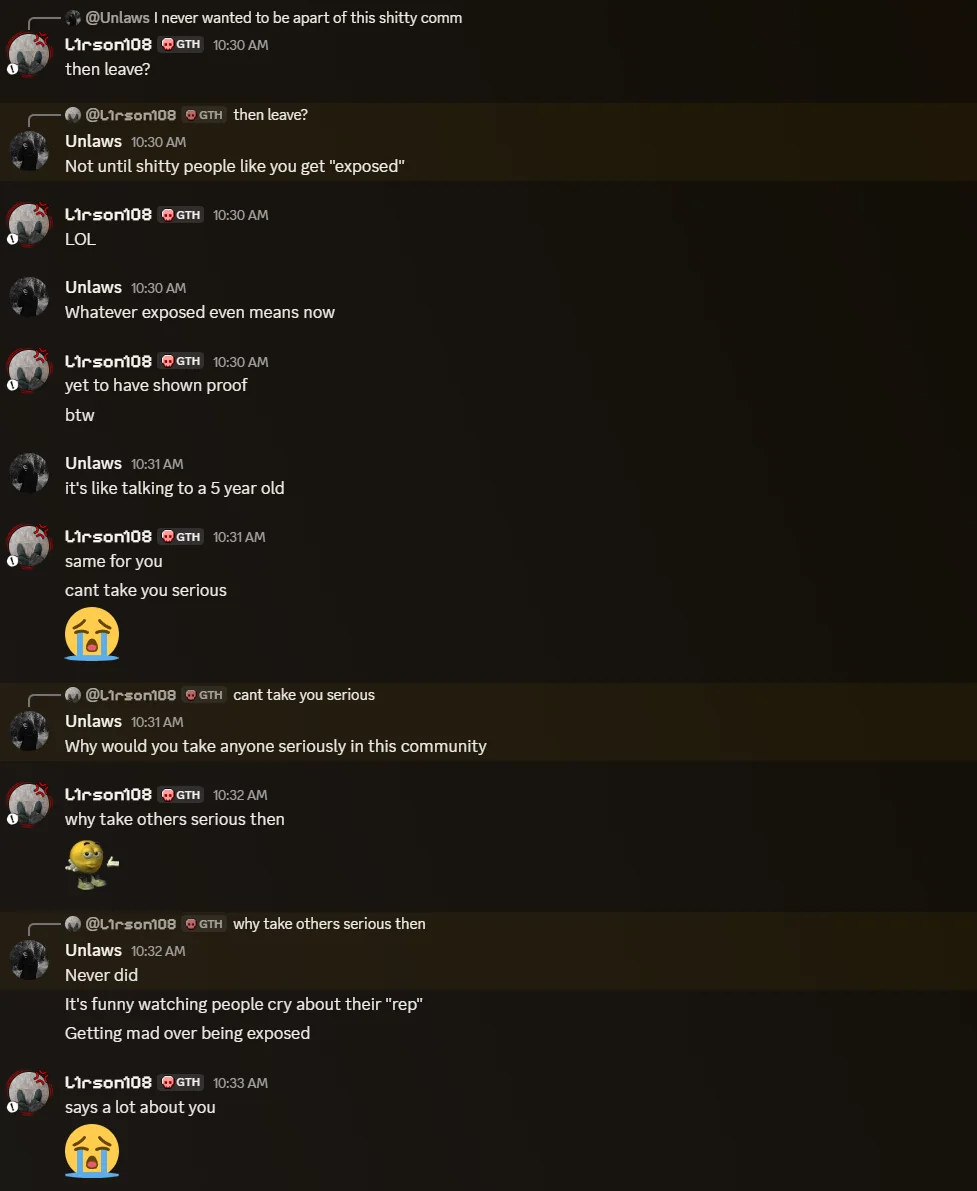 Proof that unlaws is dodging to show proof/blocking L1rson108 all because he asked for proof.